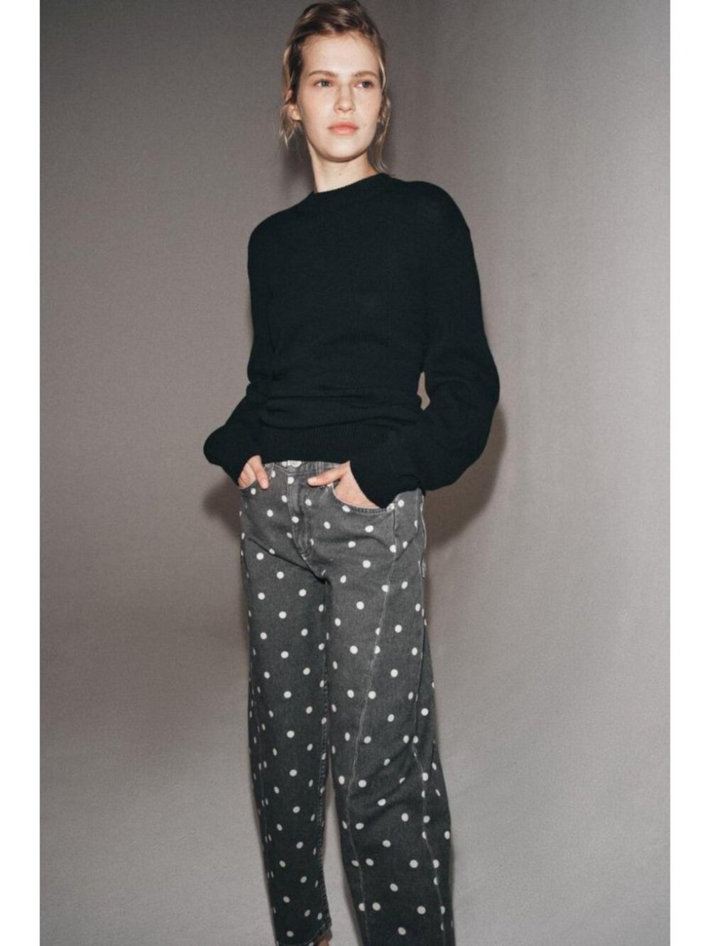 ZARA ZW COLLECTION MID-RISE POLKA DOT ANKLE RELAXED JEANS